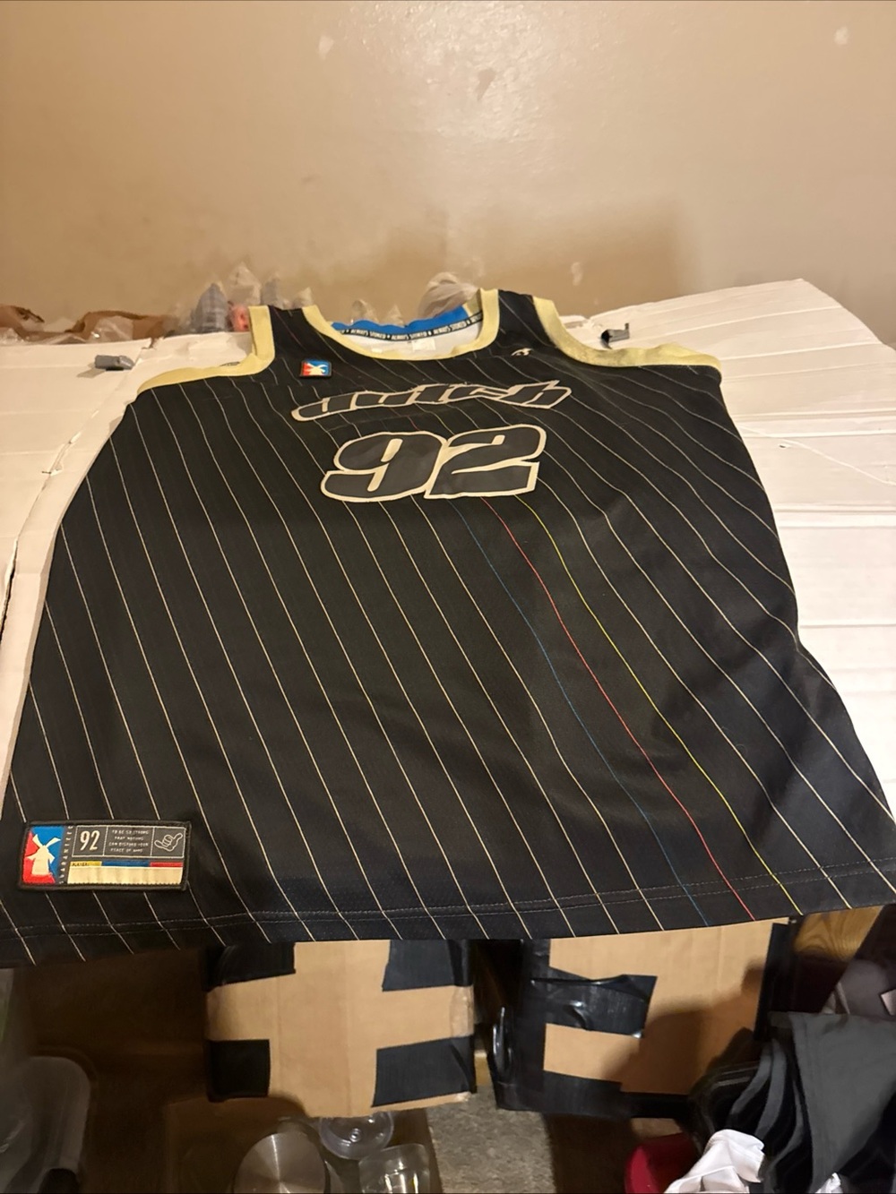 Dutch Bros Black Pinstripe Tank Top with Yellow Trim